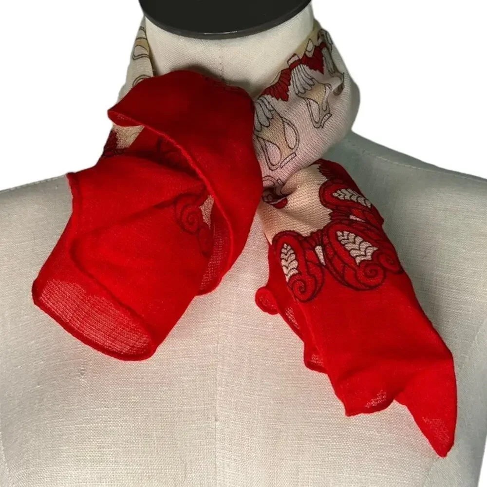 Vintage Square Wool Scarf Red Cream Vase Bottle Print 30